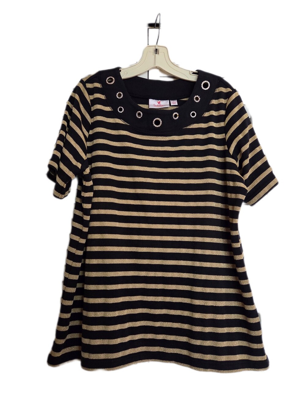 Quacker Factory Black Gold Metallic Striped Top Y2K 90"s Size Large